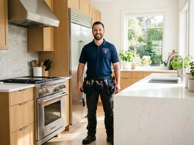 Appliance Repair Hero technician in a Arlington, MA kitchen after an appliance repair