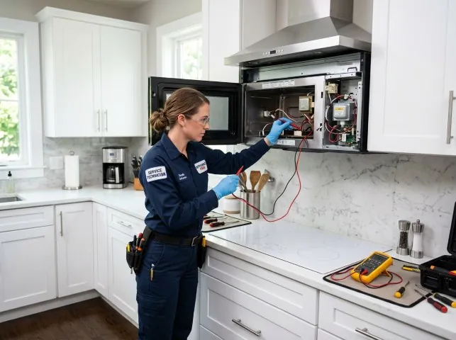 Appliance Repair Hero technician testing an over-the-range microwave in a Arlington, MA kitchen